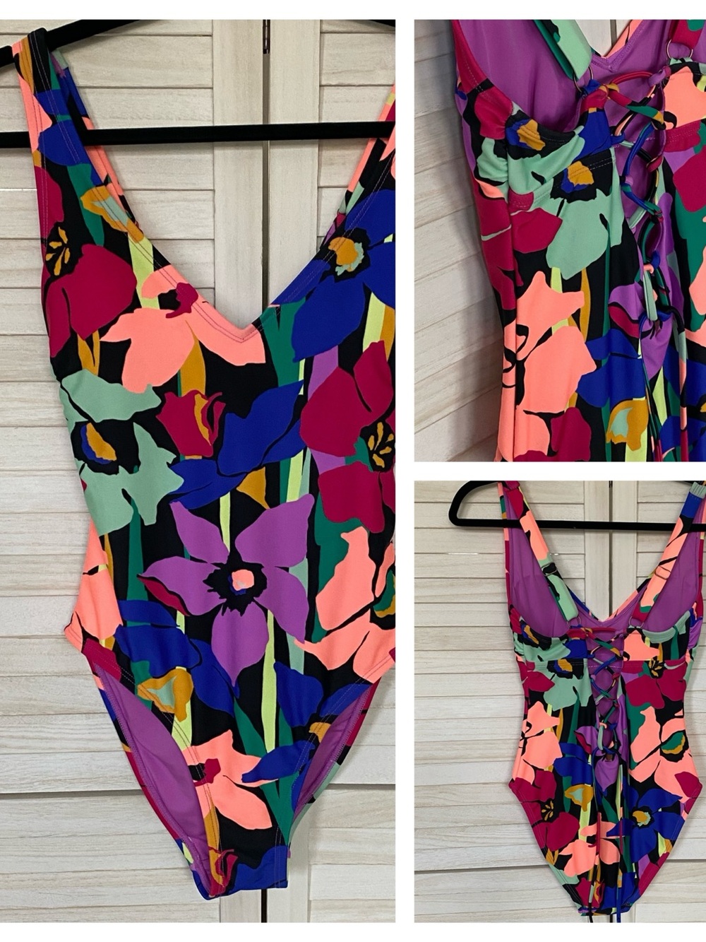 Coppersuit Barbados Bloom OnePiece Floral Swimsuit Lace Up Back SZ M Beach